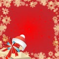 Festive card for Christmas and new year. Gift box with a bow and Santa Claus hat on a red background with snowflakes