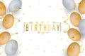 Festive card happy birthday. Golden and gray balloons, serpentine, stars and an inscription 3d illustration, modern design, poster Royalty Free Stock Photo