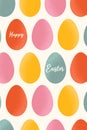 Festive card for Happy Easter with pattern of colorful eggs and text.