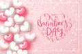 Festive Card for Happy Valentine`s Day. Background with Realistic Hearts, confetti and beautiful Lettering . Vector