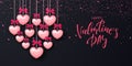 Festive Card for Happy Valentine`s Day. Background with Realistic Hearts and confetti . Vector Illustration.