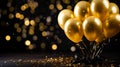 Festive card with metallic balloons, confetti, and ribbons on blurred background for all occasions. Royalty Free Stock Photo