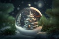 Festive Card. Transparent glass Christmas ball with snow and Christmas tree inside. Christmas glass ball on snow. Generative AI Royalty Free Stock Photo