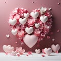 A festive card for Valentine's Day. Pink background with three-dimensional hearts and Royalty Free Stock Photo