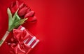 Festive card at Valentines day. Bouquet tulips