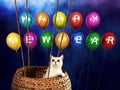 Festive card with white cat and balloons Royalty Free Stock Photo