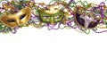 Festive Carnival background with masks, beads and copy space