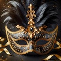 Festive carnival mask of deep black satin adorned with golden trimmings and feathers