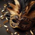 Festive carnival mask of deep black satin adorned with golden trimmings and feathers