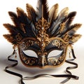 Festive carnival mask of deep black satin adorned with golden trimmings and feathers