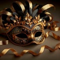 Festive carnival mask of deep black satin adorned with golden trimmings and feathers