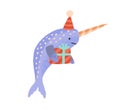 Festive cartoon narwhal with gift box tied by ribbon vector flat illustration. Celebratory cute sea unicorn in cone hat