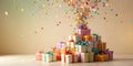 A festive celebration of wrapped presents exploding with colorful confetti. Generative AI Royalty Free Stock Photo