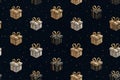 Festive celebrations. Black background. Seamless pattern. Bright gift boxes. Hand drawn. Minimalist style Royalty Free Stock Photo