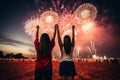 Festive celebrations joyful crowd holding glowing sparklers, enjoying winter holiday with fireworks