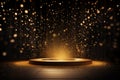 A festive and celebratory mood is palpable as a podium graces a wooden stage, with golden particles suspended against a dark Royalty Free Stock Photo