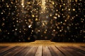 A festive and celebratory mood is palpable as a podium graces a wooden stage, with golden particles suspended against a dark Royalty Free Stock Photo