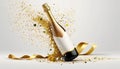 Festive champagne bottle with gold confetti and serpentine on white background. Royalty Free Stock Photo