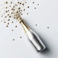Festive champagne bottle with golden hearts exploding on white background Concept of celebration, love, anniversary, and Royalty Free Stock Photo