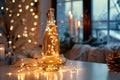 Festive champagne bottle with golden lights and Christmas decorations on bokeh background Royalty Free Stock Photo