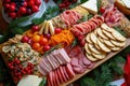 Festive charcuterie platter with cheeses, meats, and fruits