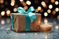 Festive charm: Christmas gift box amidst turquoise bokeh backdrop, capturing holiday magic.