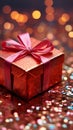 Festive charm Red gift box adorned with shimmering holiday tinsel