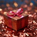 Festive charm Red gift box adorned with shimmering holiday tinsel