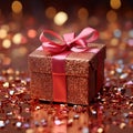 Festive charm Red gift box adorned with shimmering holiday tinsel