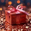 Festive charm Red gift box adorned with shimmering holiday tinsel