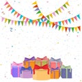 Festive cheerful bright background with flags, confetti and gift boxes. Royalty Free Stock Photo