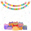 Festive cheerful bright background with flags, confetti and gift boxes Royalty Free Stock Photo