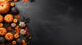 A festive and cheerful Halloween flat lay mockup is meticulously arranged on a sleek black background autumn holiday, AI generated