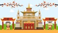 Festive chinese cartoon people and symbols vector illustration. Flowering plum, chinese temple gate. China tourism and