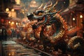 A festive chinese dragon parading down a bright street celebrating the chinese new year