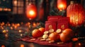 Festive Chinese New Year scene with red envelopes, oranges, and lanterns Royalty Free Stock Photo