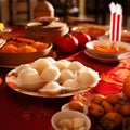 Festive Chinese New Year Table with Traditional Food and Decor