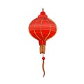 Festive Chinese paper lantern. Red round-shaped street lamp with bead and fringe in China. Tanglung, Asian holiday