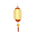 Festive Chinese paper lantern. Street lamp with glowing candle light in China. Asian holiday decor with fringe and loop