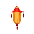 Festive Chinese street lantern with fringe, hanging on chord. Oriental traditional decorative collapsible paper light in