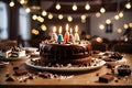 Festive chocolate cake with candles. Generative AI