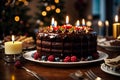 Festive chocolate cake with candles. Generative AI