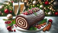 festive chocolate Christmas Yule log adorned with cranberries, rosemary, and powdered sugar and two sparkling glasses of champagne Royalty Free Stock Photo