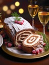 festive chocolate Christmas Yule log adorned with cranberries, rosemary, and powdered sugar and two sparkling glasses of champagne Royalty Free Stock Photo