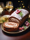 festive chocolate Christmas Yule log adorned with cranberries, rosemary, and powdered sugar and two sparkling glasses of champagne Royalty Free Stock Photo