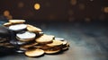 festive chocolate coins wrapped in silver and gold foil on a wooden table. banner, copy space Royalty Free Stock Photo