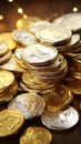 festive chocolate coins wrapped in silver and gold foil on a wooden table. vertical Royalty Free Stock Photo