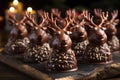 Festive chocolate covered almond reindeer for a delightful holiday treat, christmas background, AI Generated
