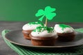Festive chocolate cupcakes for Happy St Patricks Day. Royalty Free Stock Photo