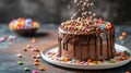 Festive chocolate pinata cake dipped in chocolate for a birthday with colorful delicious candies. Sweets close-up on the table in